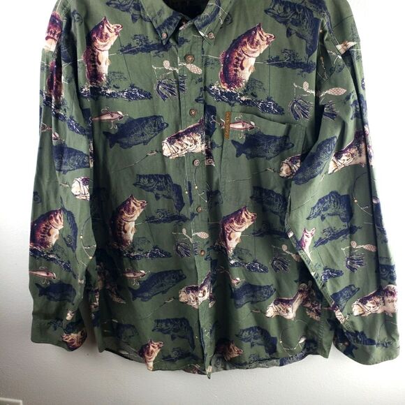Men's The North River Green Button Up Long Sleeve Bass Fish Shirt Size Large - Picture 8 of 11